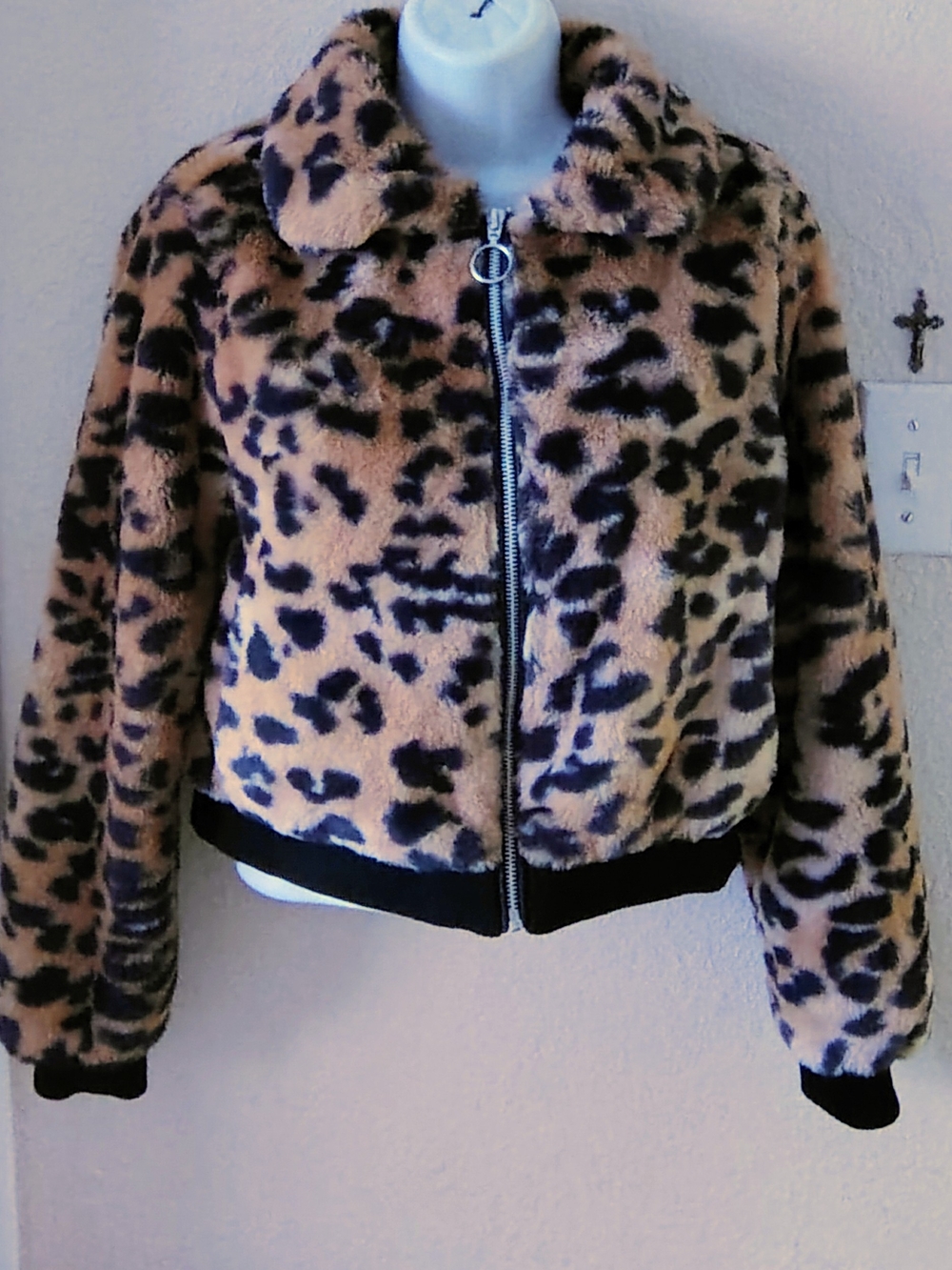 Leopard Print Faux Fur Zip Jacket - Light Brown/Dark Brown/Black